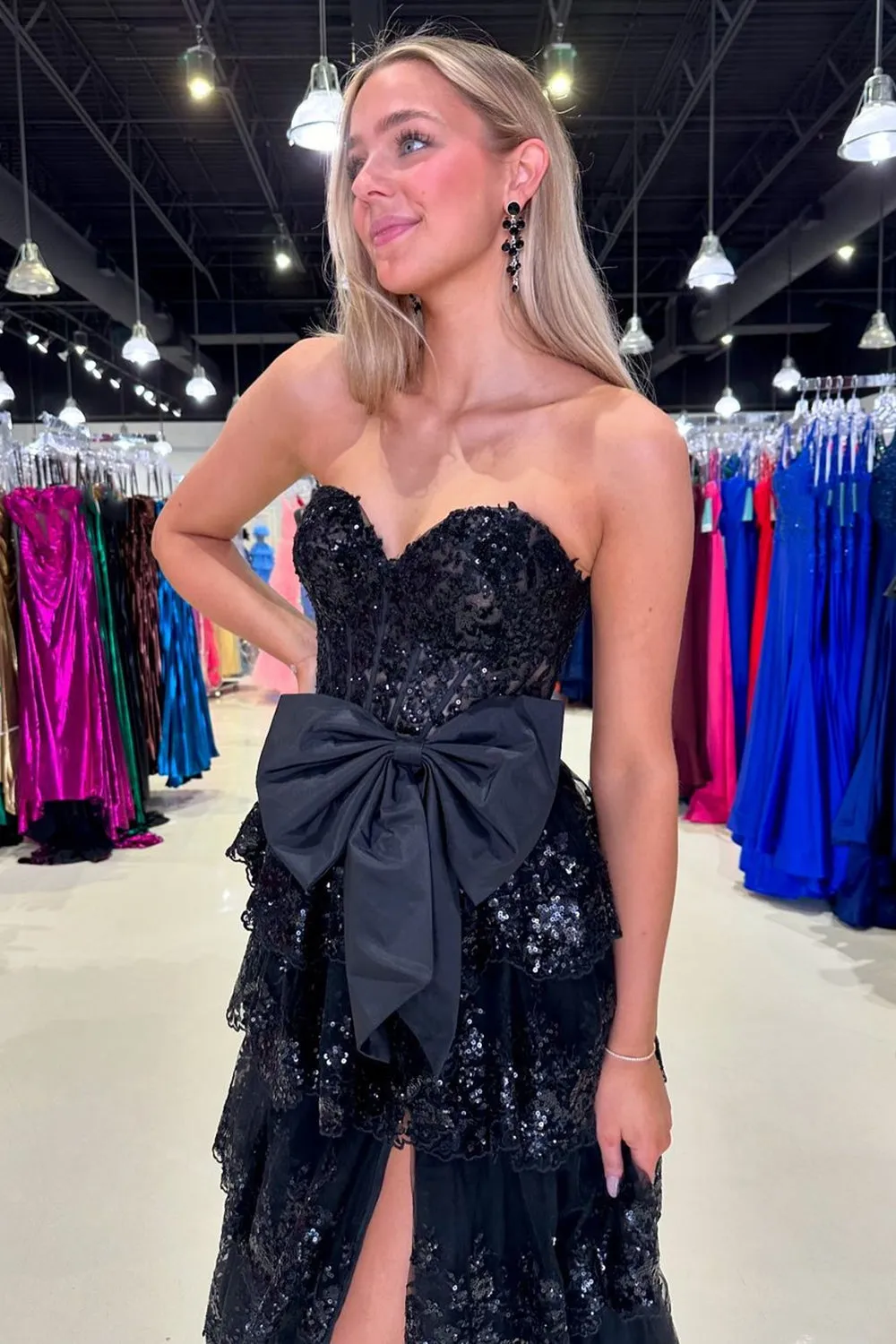 Luolandi A Line Black Strapless Tiered Sequined Corset Long Prom Dress Sparkly With Bow