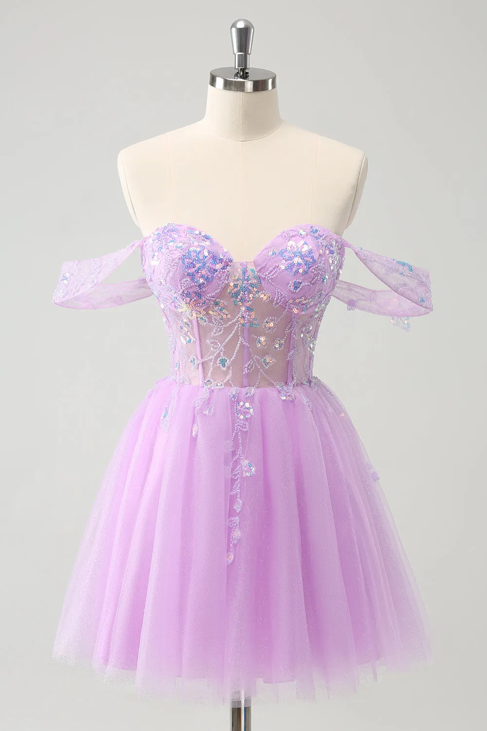 Luolandi A Line Lilac Off The Shoulder Sequined Homecoming Dress Short Party Dress