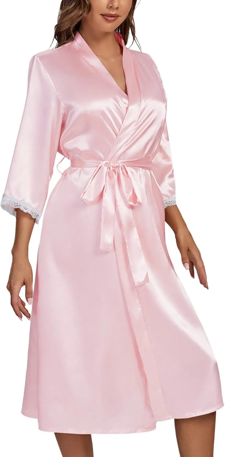 LYANER Women's Silk Satin Pajama Set 2Pcs Lace Trim Pj Robe with Chemise Nightgown Sleepwear