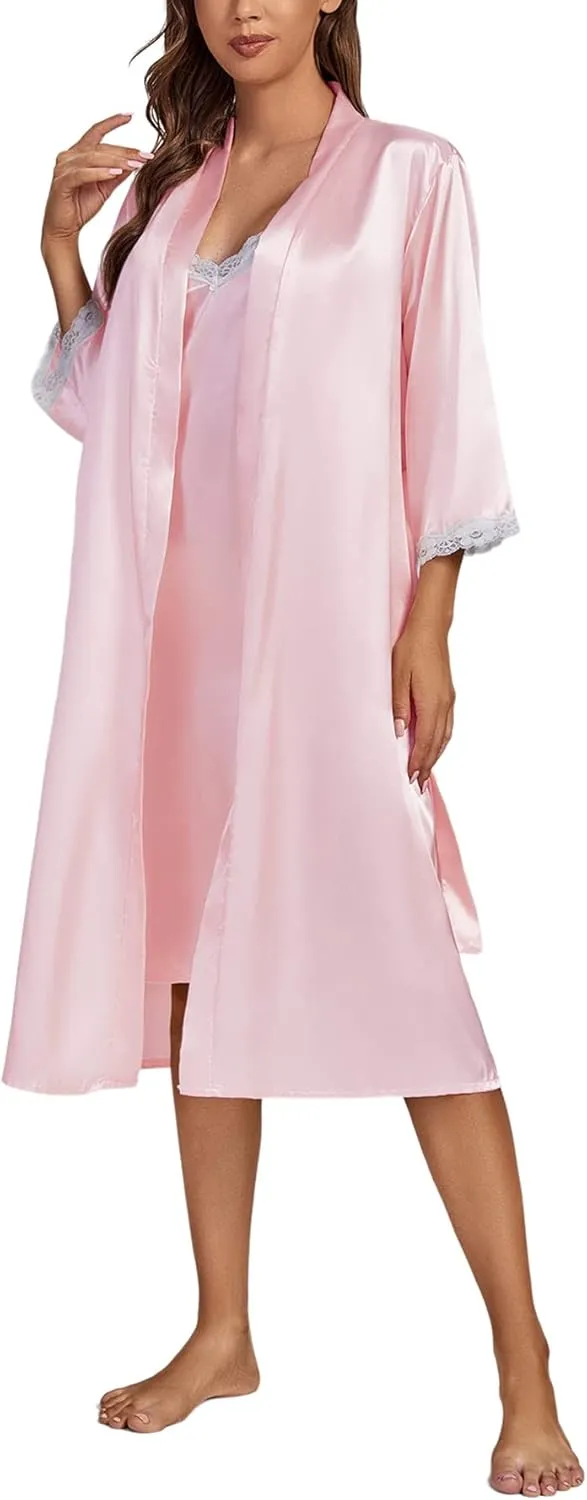 LYANER Women's Silk Satin Pajama Set 2Pcs Lace Trim Pj Robe with Chemise Nightgown Sleepwear