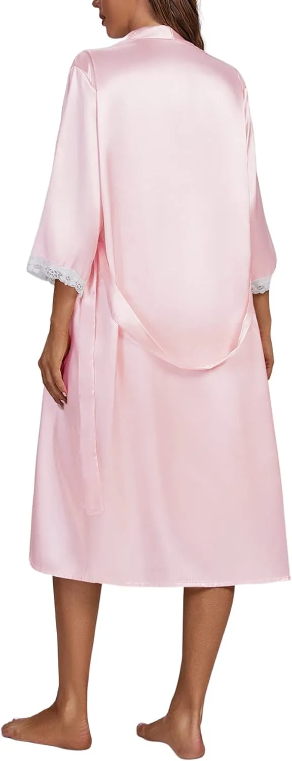 LYANER Women's Silk Satin Pajama Set 2Pcs Lace Trim Pj Robe with Chemise Nightgown Sleepwear