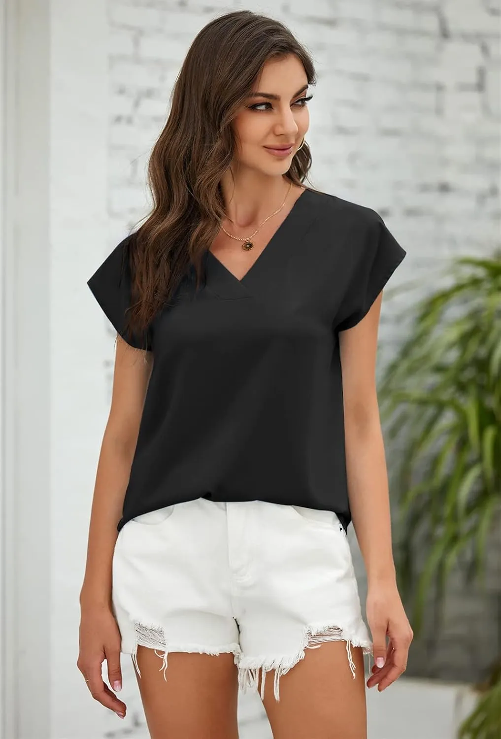 Lynwitkui Women's V Neck Chiffon Blouses Cap Sleeve Shirts Casual Loose Work Office Solid Tops