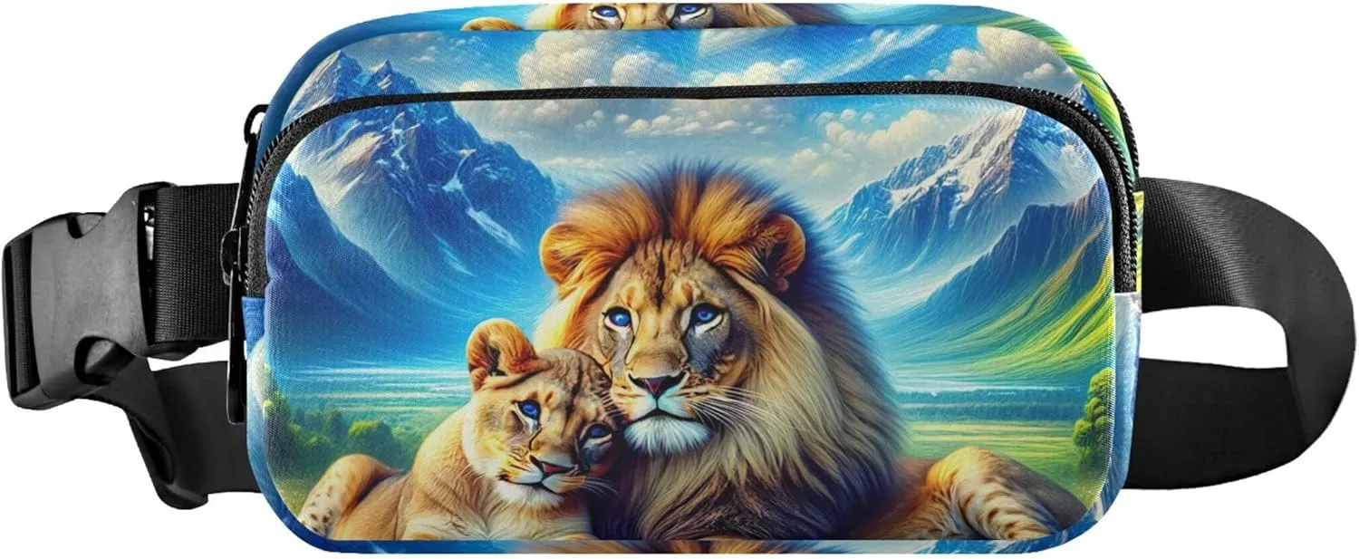 Majestic Lions Scenic Meadow Print Fanny Pack for Women Waterproof Hip Pack Belt Pouch Cute Travel Waist Pouch