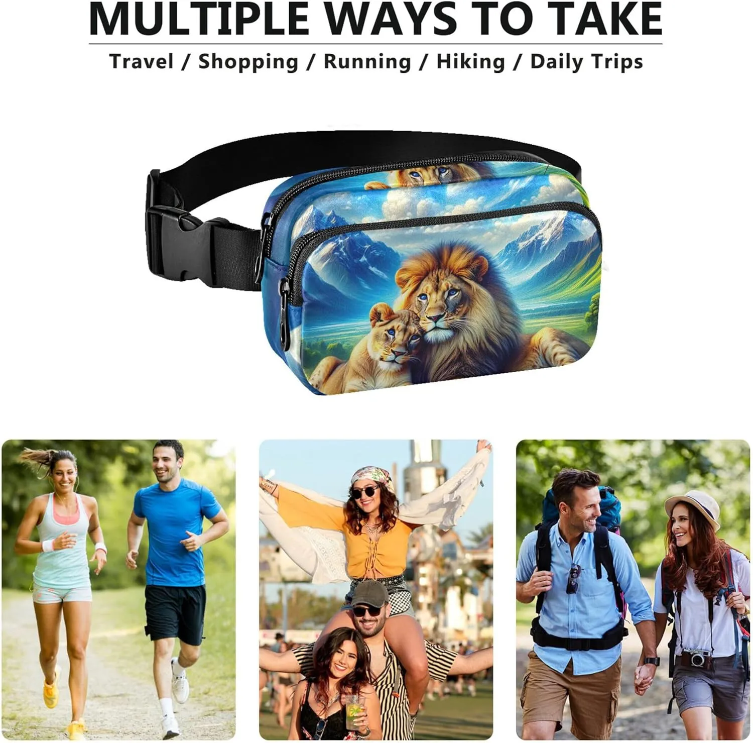 Majestic Lions Scenic Meadow Print Fanny Pack for Women Waterproof Hip Pack Belt Pouch Cute Travel Waist Pouch