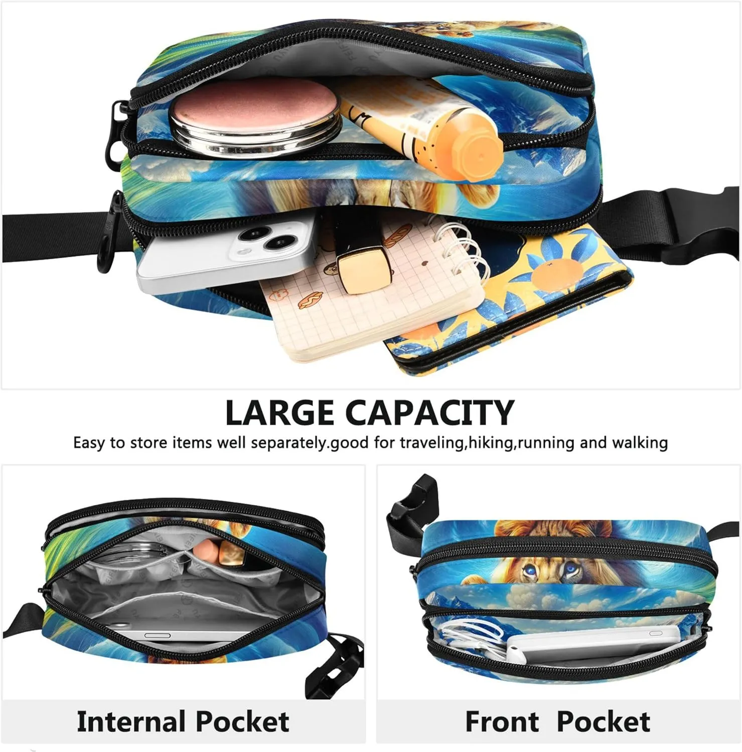 Majestic Lions Scenic Meadow Print Fanny Pack for Women Waterproof Hip Pack Belt Pouch Cute Travel Waist Pouch