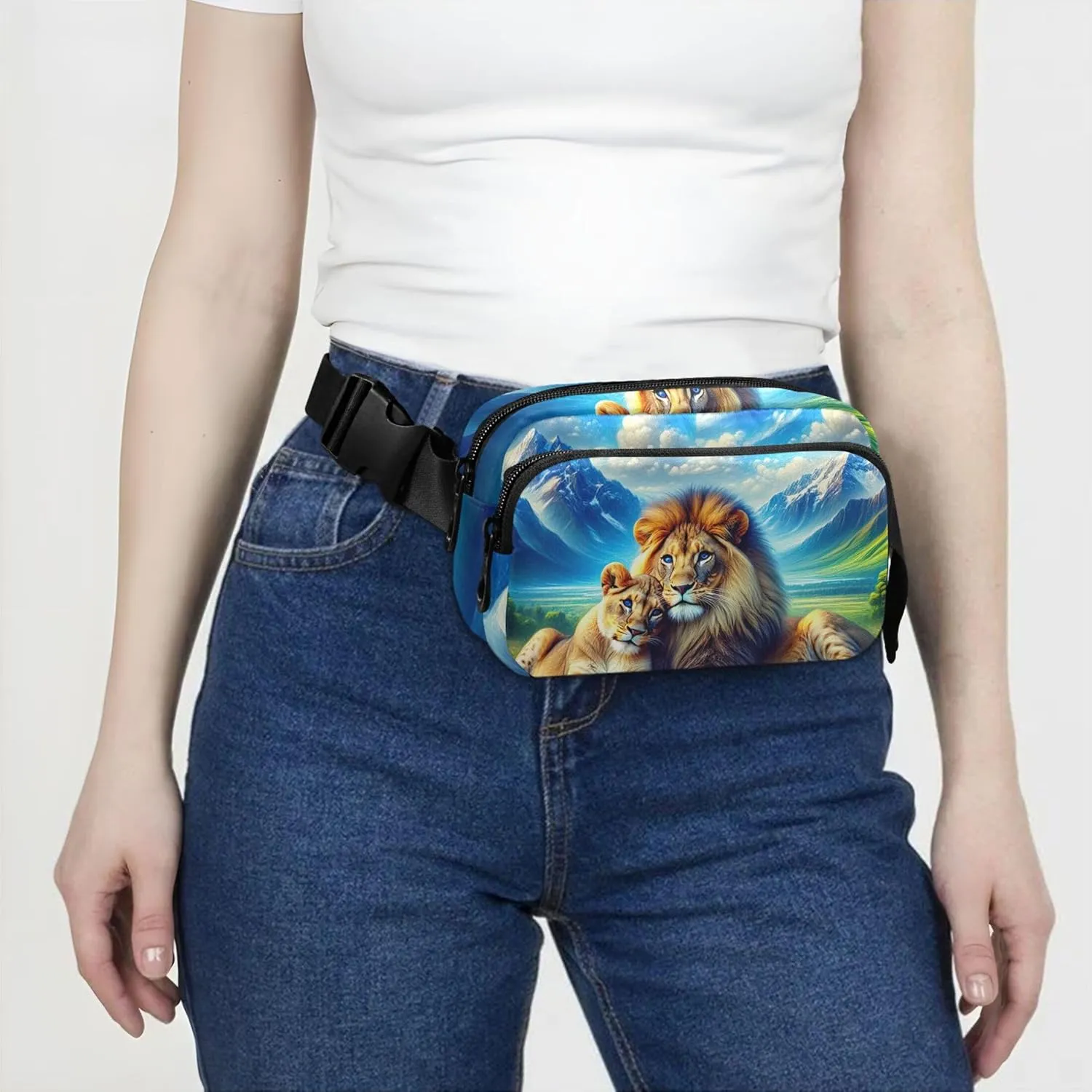 Majestic Lions Scenic Meadow Print Fanny Pack for Women Waterproof Hip Pack Belt Pouch Cute Travel Waist Pouch