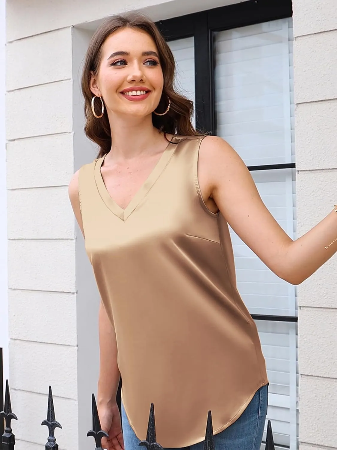 Mawor Satin Tank Tops for Women Casual V Neck Silk Basic Cami Camisoles