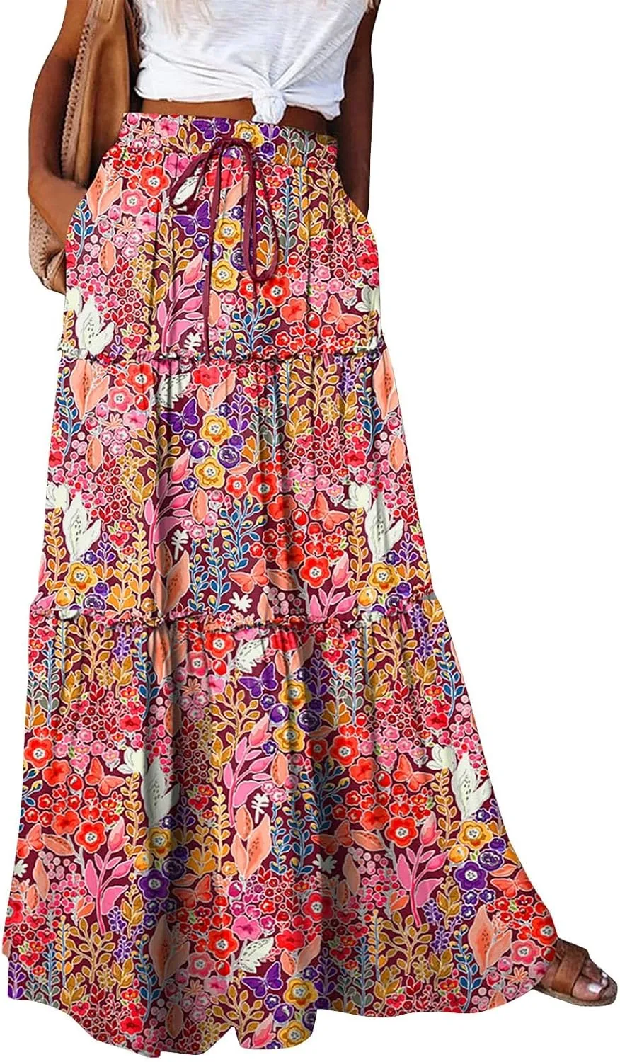 Maxi Skirt for Women 2025 Summer Layered Tiered Elastic Skirt Ruffle A Line Skirts Long Bohemian Skirts with Pockets