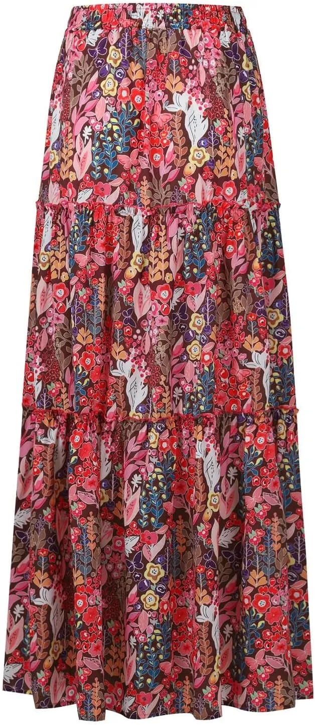 Maxi Skirt for Women 2025 Summer Layered Tiered Elastic Skirt Ruffle A Line Skirts Long Bohemian Skirts with Pockets