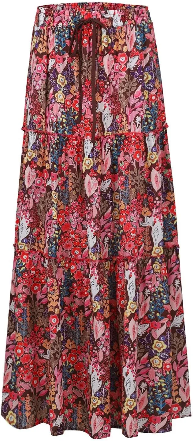 Maxi Skirt for Women 2025 Summer Layered Tiered Elastic Skirt Ruffle A Line Skirts Long Bohemian Skirts with Pockets