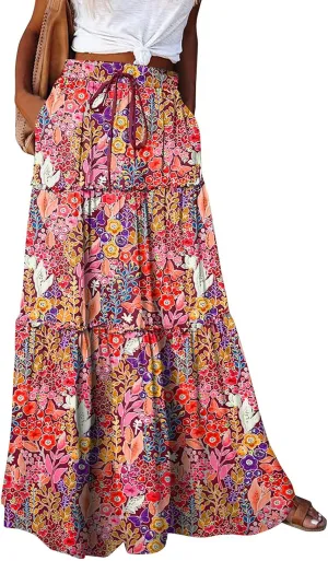 Maxi Skirt for Women 2025 Summer Layered Tiered Elastic Skirt Ruffle A Line Skirts Long Bohemian Skirts with Pockets
