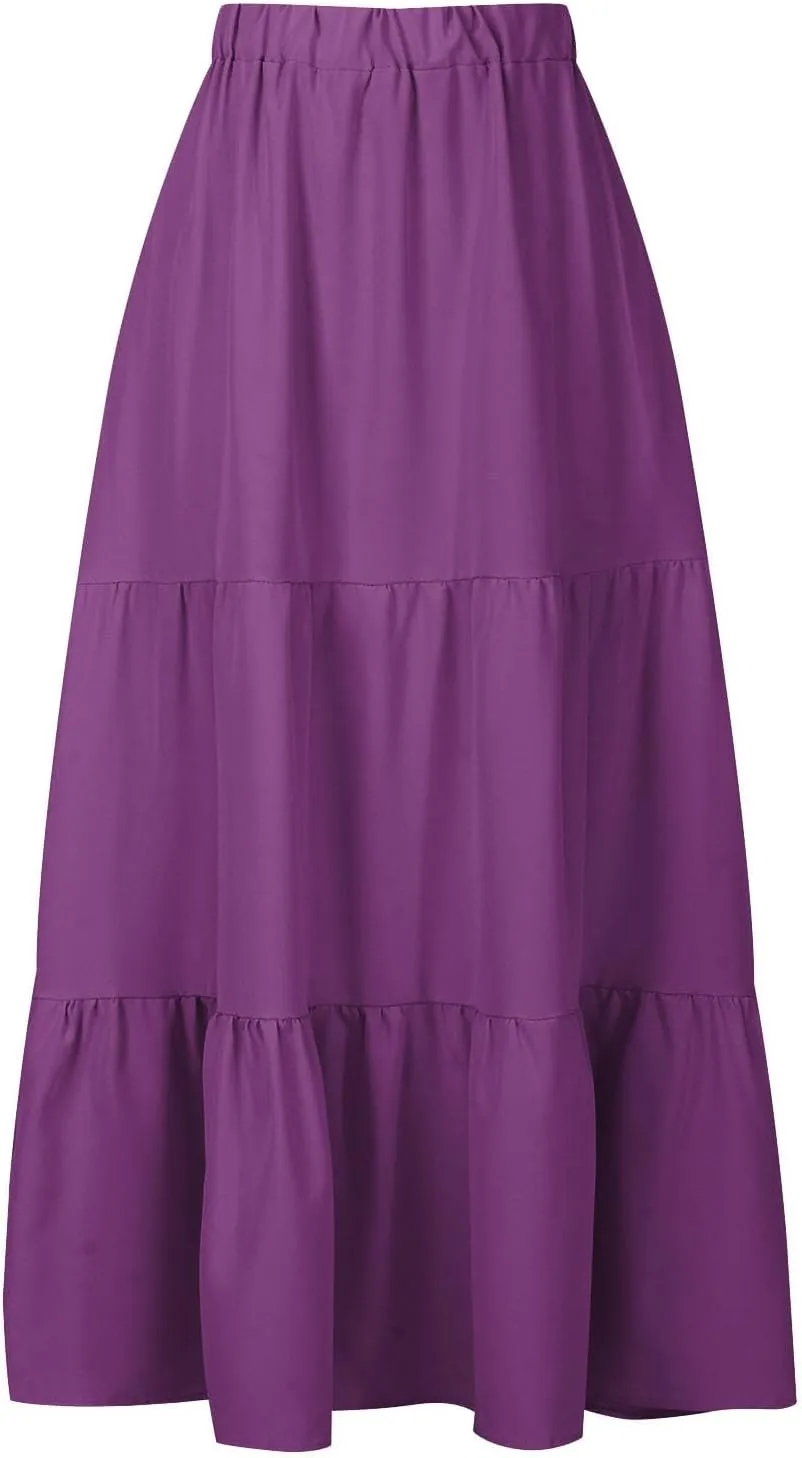 Maxi Skirts for Women Stretch Flowy Tiered Pleated Skirt Elastic Waist Summer Bohemian Ruched Skirts with Pockets