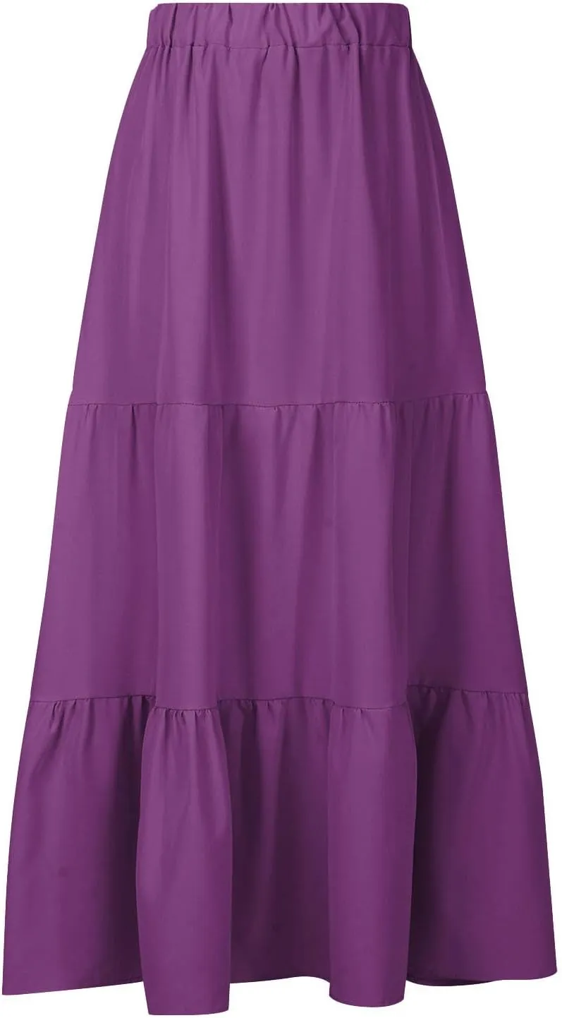 Maxi Skirts for Women Stretch Flowy Tiered Pleated Skirt Elastic Waist Summer Bohemian Ruched Skirts with Pockets