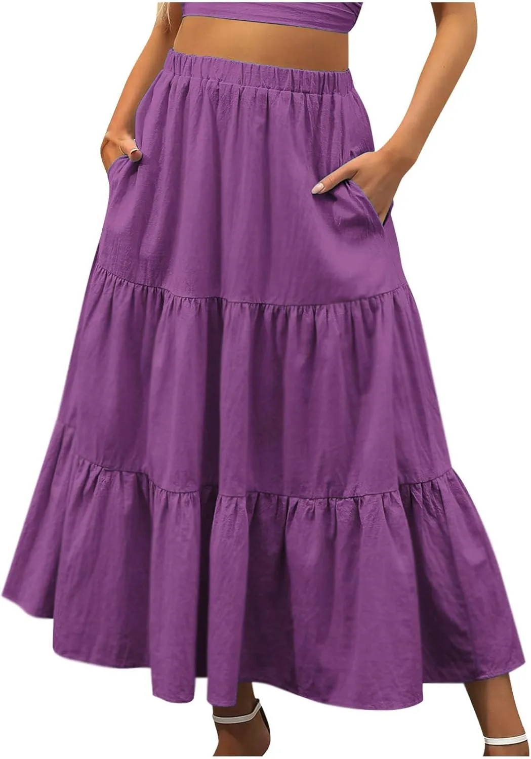 Maxi Skirts for Women Stretch Flowy Tiered Pleated Skirt Elastic Waist Summer Bohemian Ruched Skirts with Pockets