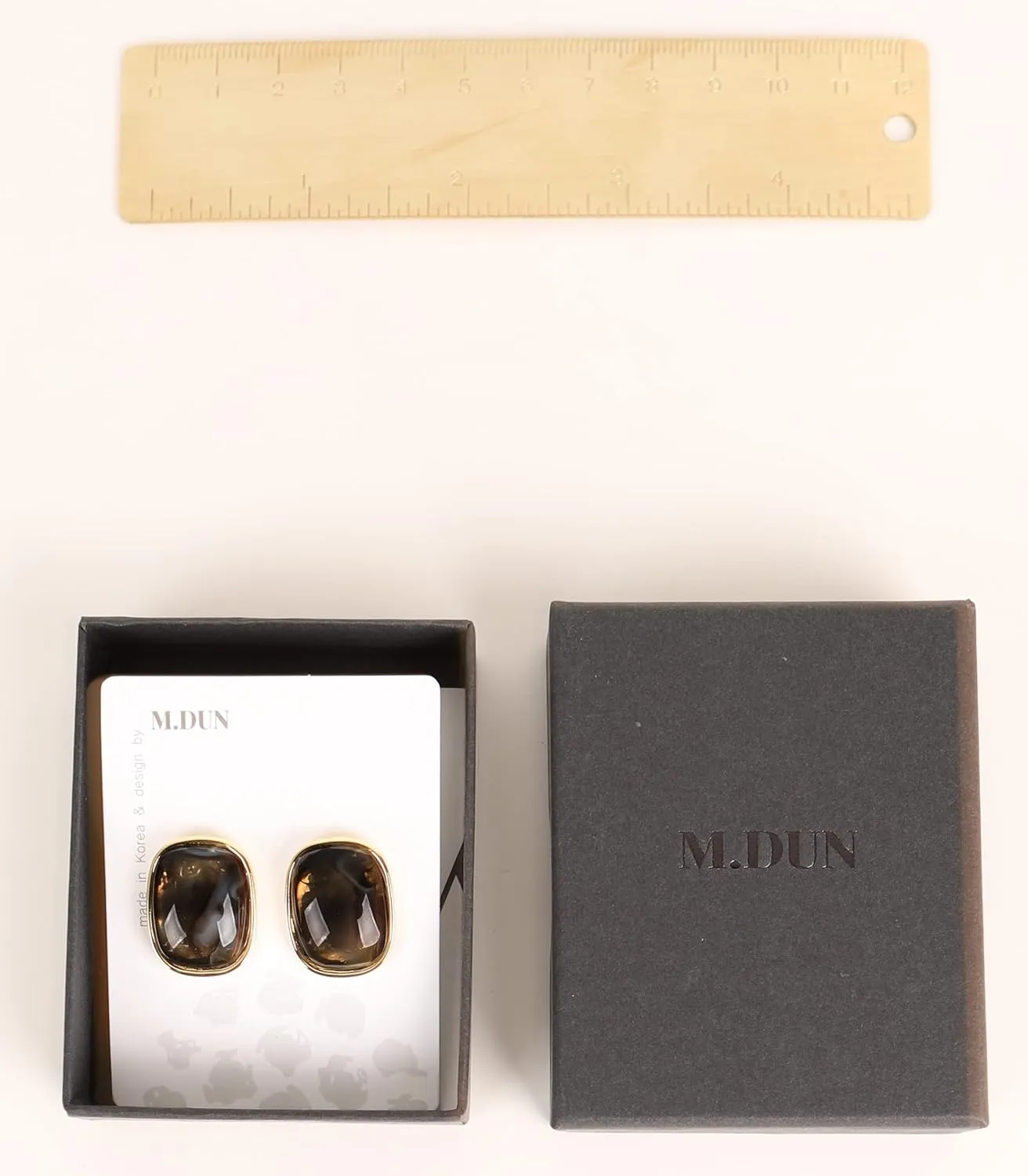 M.DUN- Round Edges Rectangle Shape Studs Earring. Abalone Amber Turquoise Resin Stone Design, 18k Real Gold Plated Bezel, Hypoallergenic Gorgeous Gift for Women