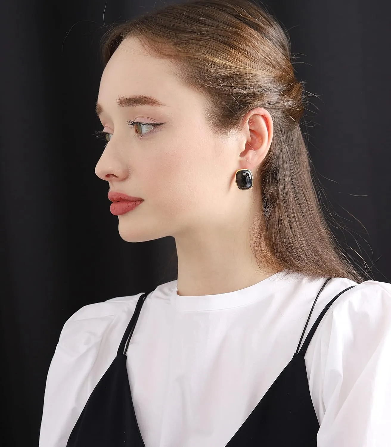 M.DUN- Round Edges Rectangle Shape Studs Earring. Abalone Amber Turquoise Resin Stone Design, 18k Real Gold Plated Bezel, Hypoallergenic Gorgeous Gift for Women