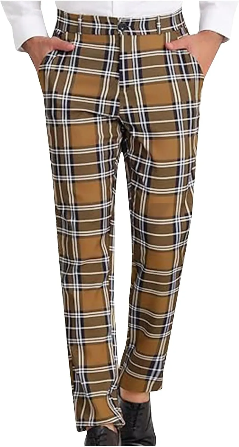 Men Plaid Dress Pants Slim Fit Flat Front Elastic Waistband Suit Trouser Wrinkle Free Chino Pants for Office Business