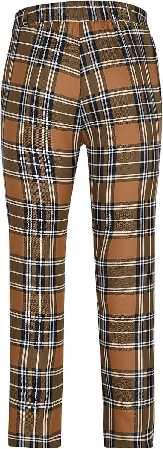 Men Plaid Dress Pants Slim Fit Flat Front Elastic Waistband Suit Trouser Wrinkle Free Chino Pants for Office Business