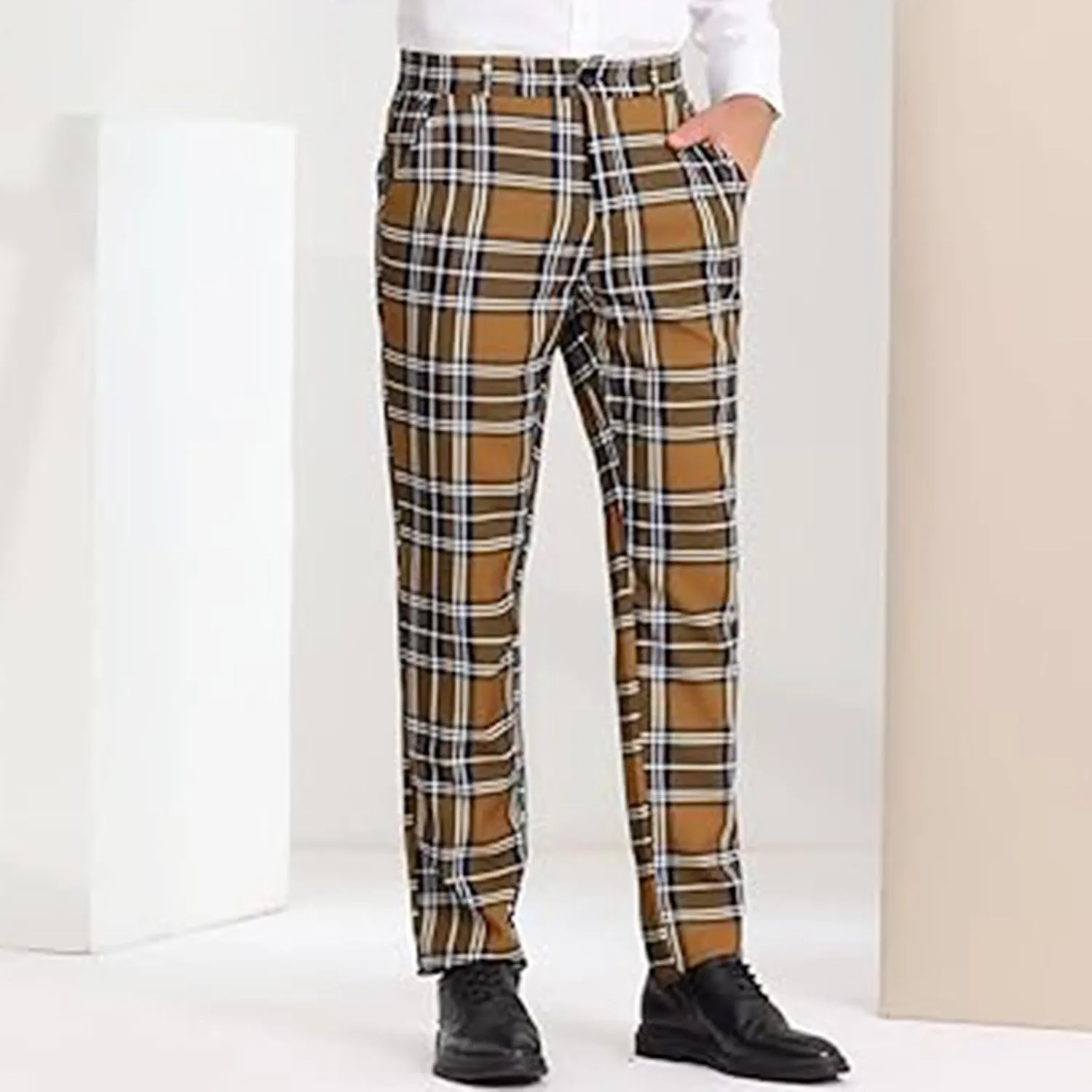 Men Plaid Dress Pants Slim Fit Flat Front Elastic Waistband Suit Trouser Wrinkle Free Chino Pants for Office Business