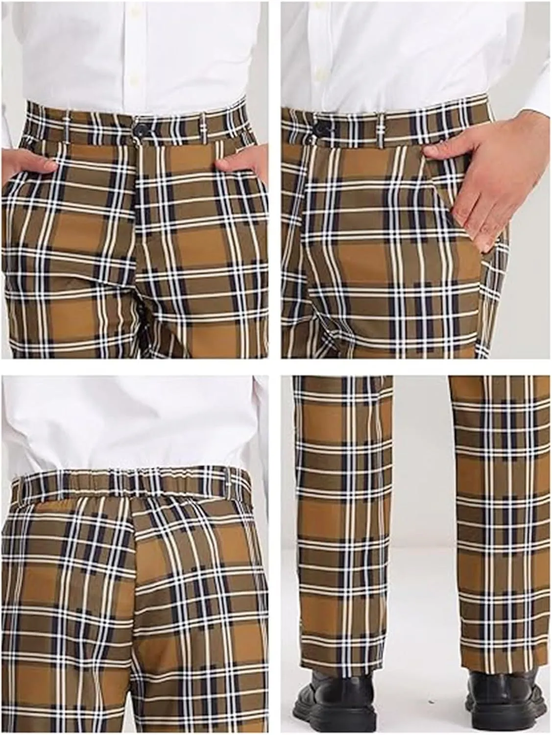 Men Plaid Dress Pants Slim Fit Flat Front Elastic Waistband Suit Trouser Wrinkle Free Chino Pants for Office Business