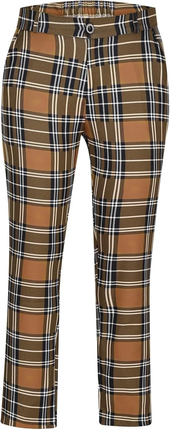 Men Plaid Dress Pants Slim Fit Flat Front Elastic Waistband Suit Trouser Wrinkle Free Chino Pants for Office Business