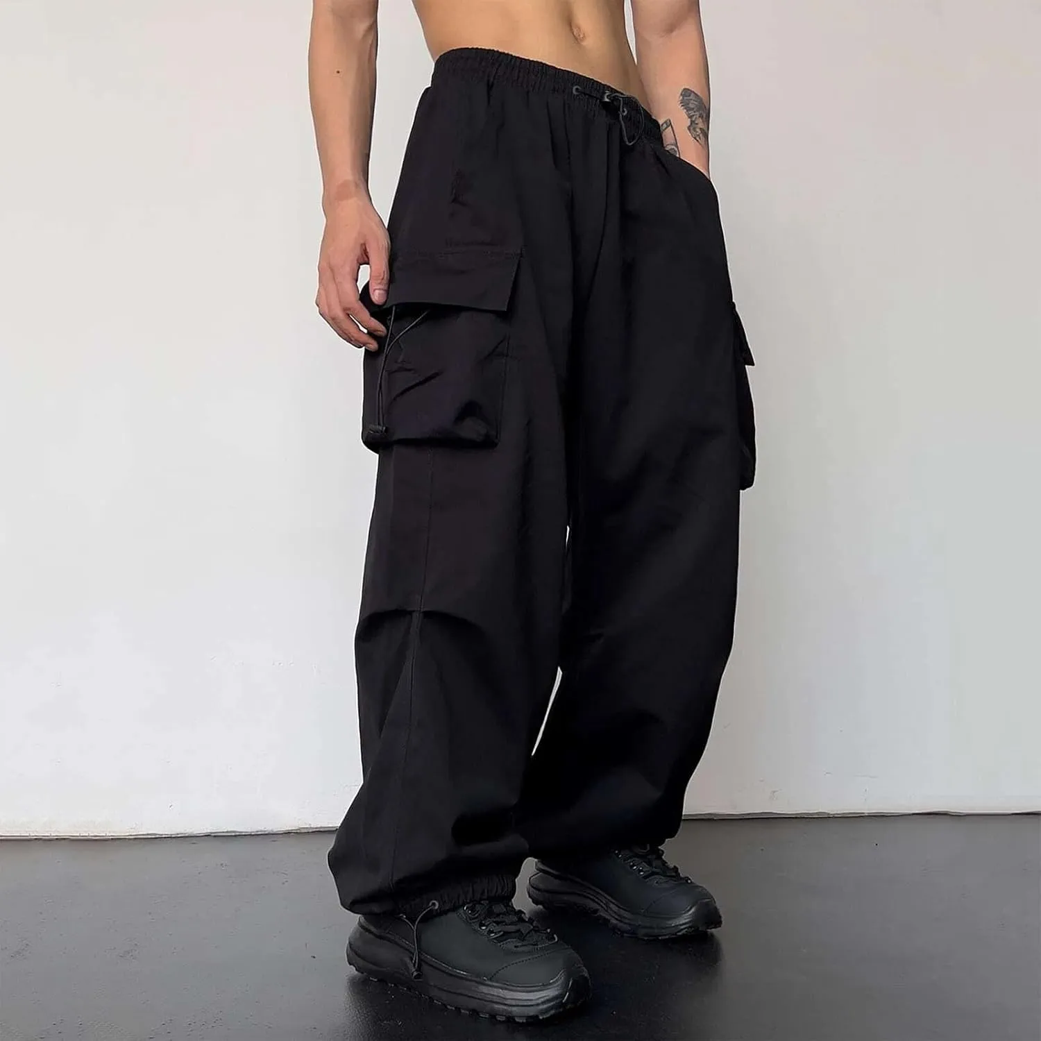 Mens Baggy Cargo Pants, Parachute Pants Causal Loose Fit Joggers, Trendy Harem Pants, Hip Hop Streetwear with Pockets