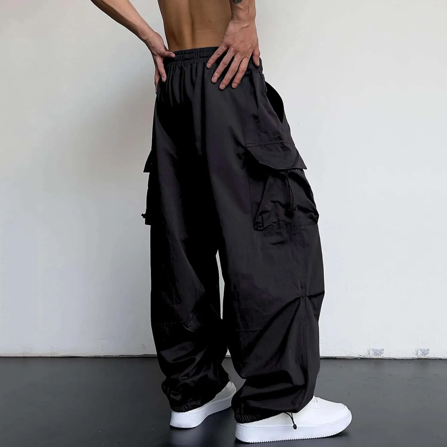 Mens Baggy Cargo Pants, Parachute Pants Causal Loose Fit Joggers, Trendy Harem Pants, Hip Hop Streetwear with Pockets