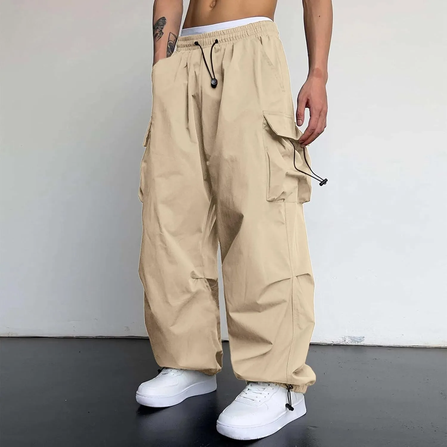 Men's Baggy Cargo Pants Trendy Casual Pants, Loose Fit Drawstring Rope Cargo Joggers with Pockets Streetwear