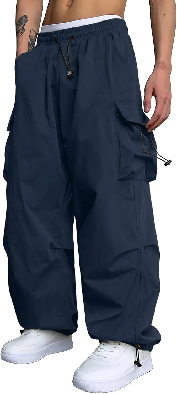 Men's Baggy Cargo Pants Trendy Casual Pants, Loose Fit Drawstring Rope Cargo Joggers with Pockets Streetwear