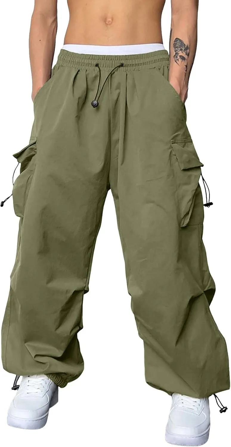 Mens Baggy Cargo Pants, Trendy Casual Sports Parachute Pant, Loose Fit Harem Joggers with Pockets for Streetwear