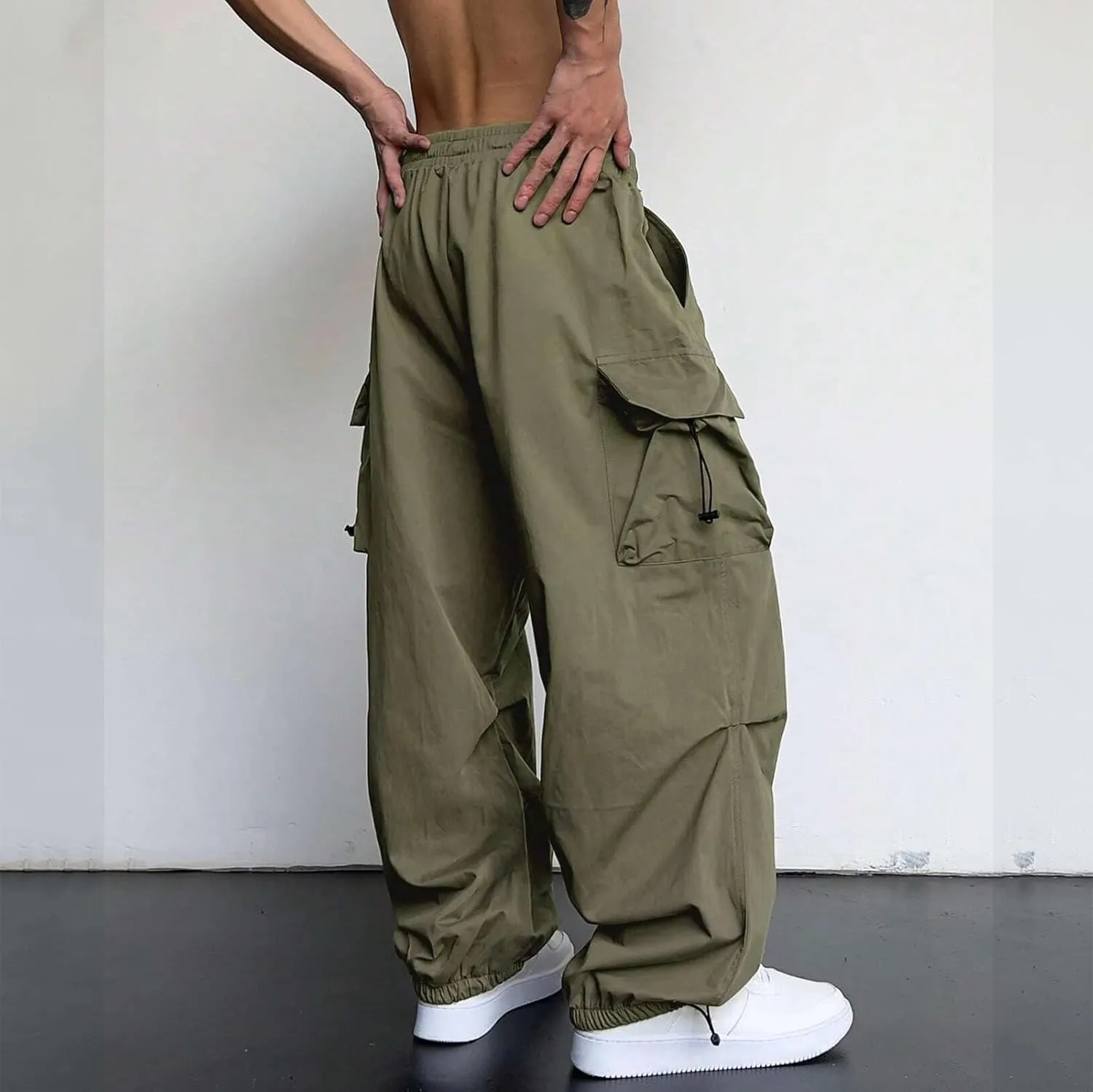 Mens Baggy Cargo Pants, Trendy Casual Sports Parachute Pant, Loose Fit Harem Joggers with Pockets for Streetwear