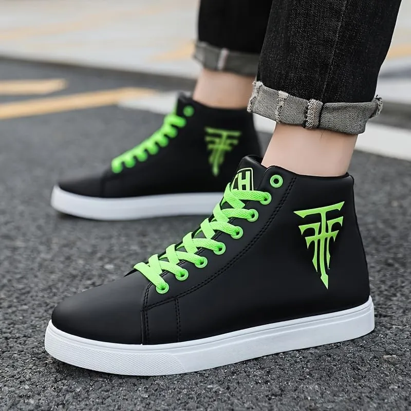 Men's Fashion High Top Sneakers - Breathable Lace-Up Slip-On Trainers,Comfortable Casual Hip Hop Shoes, PU Leather Athletic Streetwear