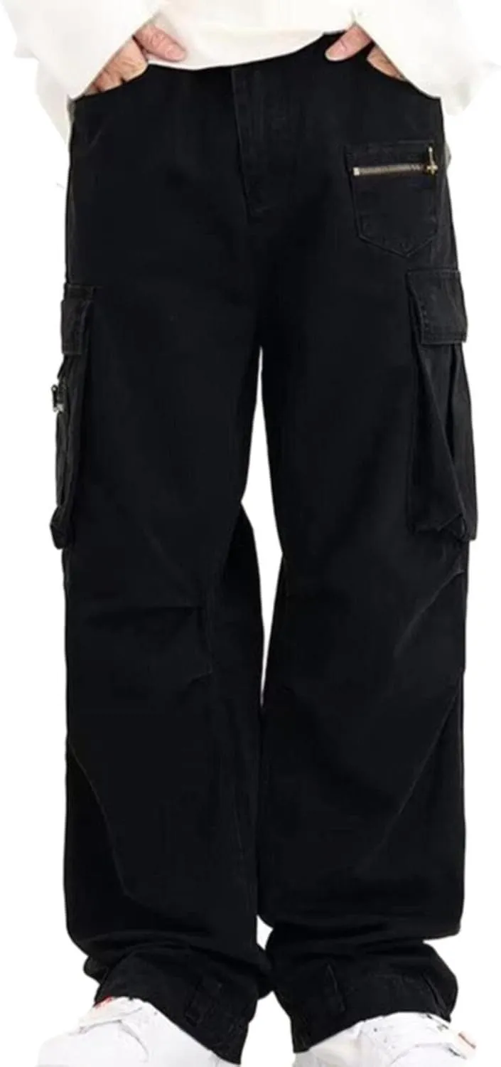 Mens Fashion Street Maxi Cargo Trousers Casual Versatile Hipster Pants Plus Size Multi Pocket Trendy Military Combat Overalls
