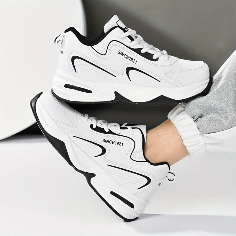 Men's Fashion Streetwear Thick-Soled Cushioned Running & Skateboarding Sneakers - Solid Color, Simple Basketball Style, Big Size Options