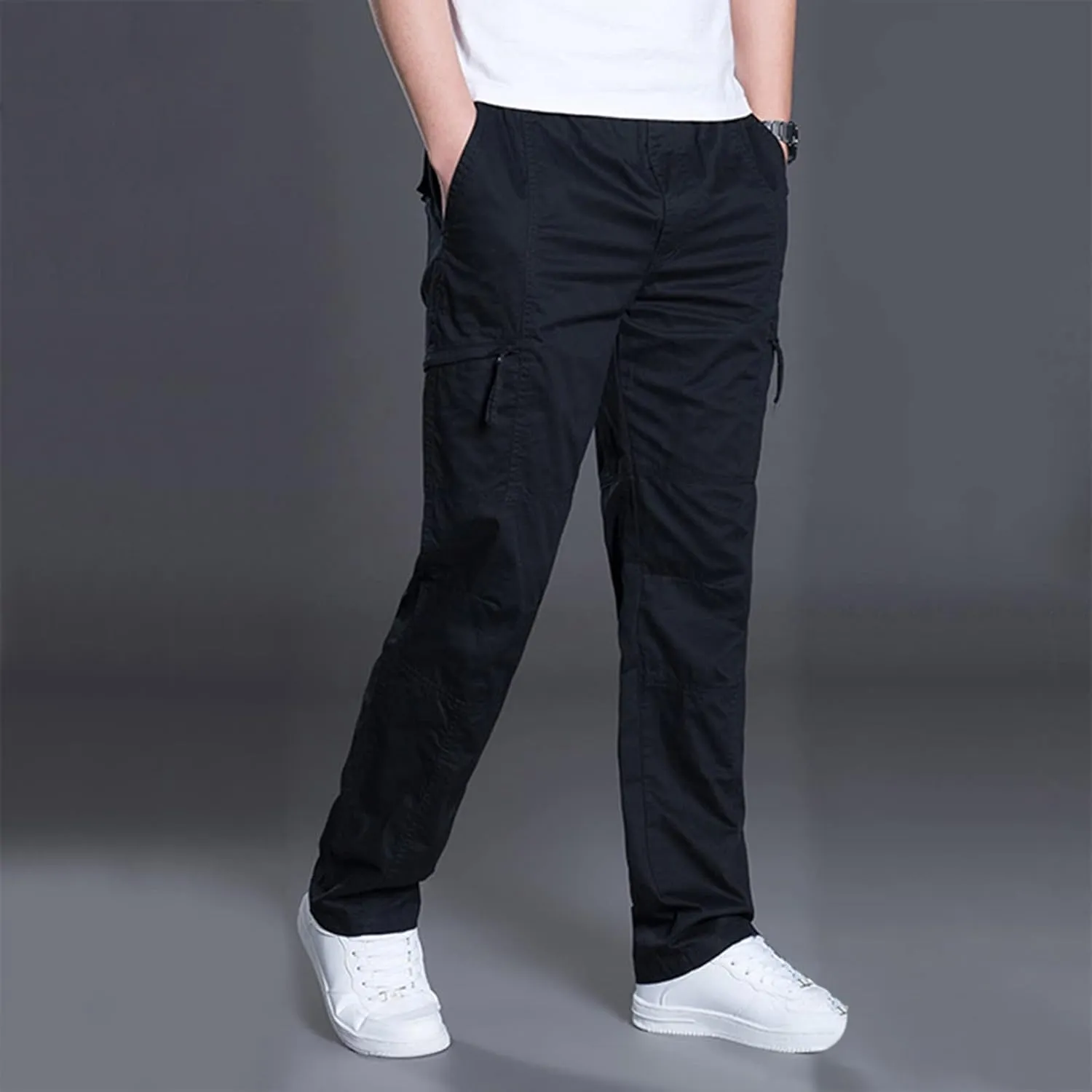 Mens Lightweight Cargo Pants Elastic Waist Straight Leg Slim Fit Chino Trousers for Men Trendy Solid Work Khaki Pant