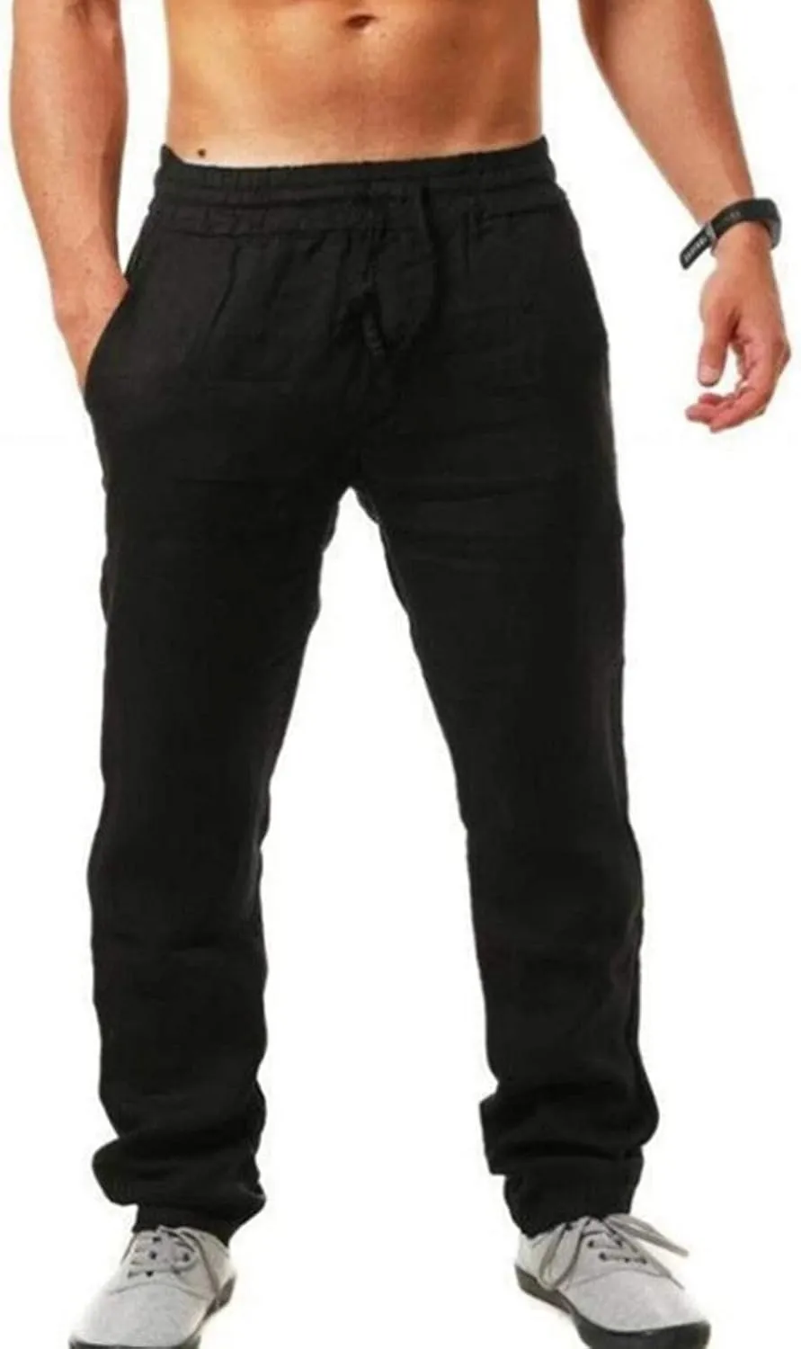 Mens Linen Pants Casual Slim Fit Drawstring Pants Elastic Waist Lightweight Lounge Pants Trendy Casual Trousers