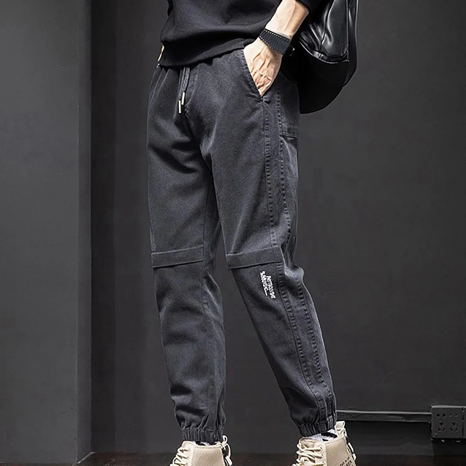 Mens Trendy Drawstring Cargo Pants Dressy Casual Outdoor Military Combat Sweatpants Lightweight Simple Solid Tapered Overalls