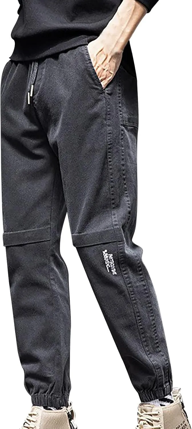 Mens Trendy Drawstring Cargo Pants Dressy Casual Outdoor Military Combat Sweatpants Lightweight Simple Solid Tapered Overalls