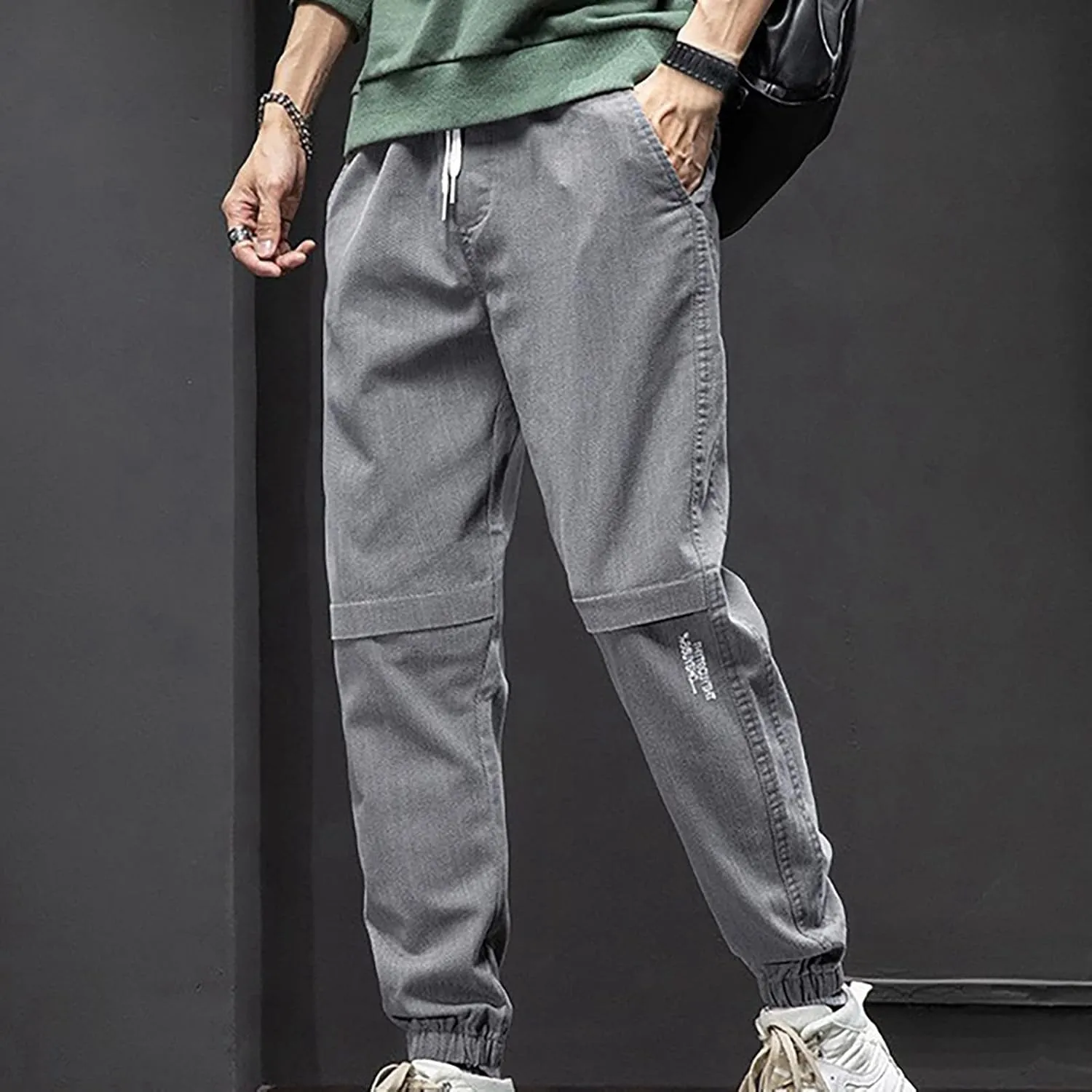 Mens Trendy Drawstring Cargo Pants Dressy Casual Outdoor Military Combat Sweatpants Lightweight Simple Solid Tapered Overalls