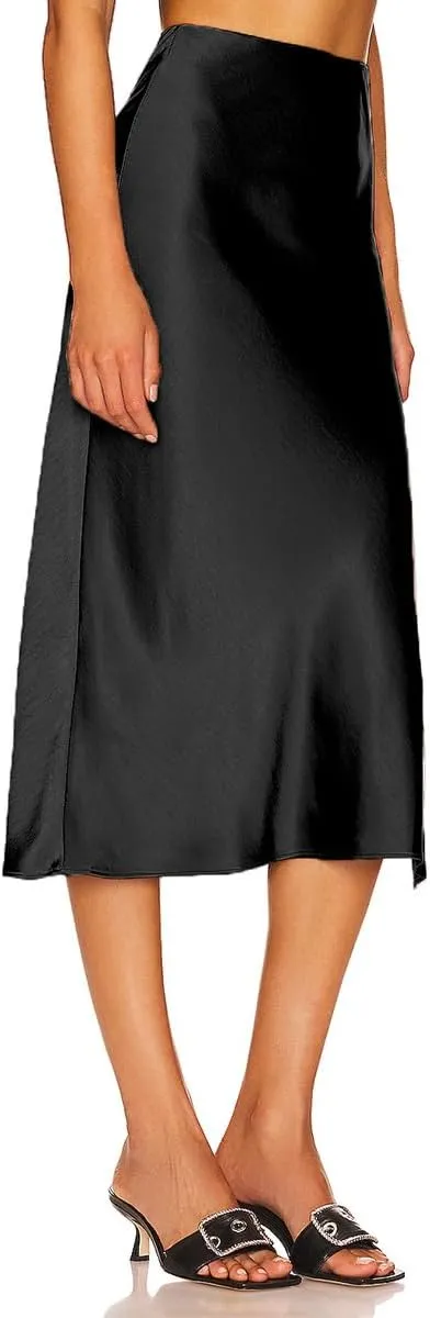 Midi Satin Skirts for Women with Slit Silk Skirts for Women High Waist Silky Side Split Party Flared Casual A Line Midi Skirt
