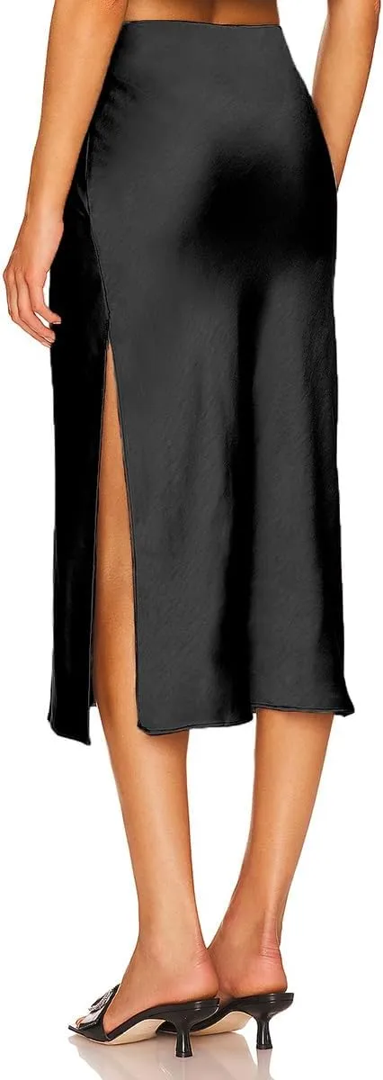 Midi Satin Skirts for Women with Slit Silk Skirts for Women High Waist Silky Side Split Party Flared Casual A Line Midi Skirt