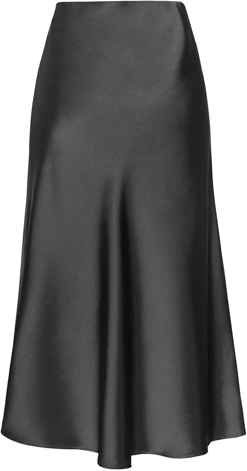Midi Satin Skirts for Women with Slit Silk Skirts for Women High Waist Silky Side Split Party Flared Casual A Line Midi Skirt