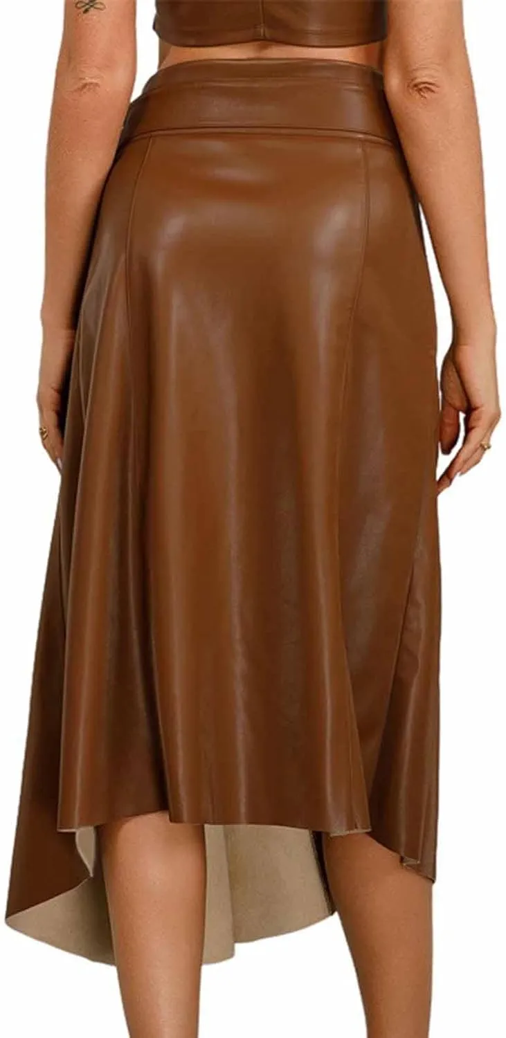 Midi Skirts for Women Trendy Lace Up Irregular Pu Leather Skirt Sexy Casual Mid Calf A-line Pleated Skirts