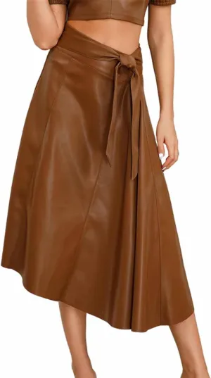 Midi Skirts for Women Trendy Lace Up Irregular Pu Leather Skirt Sexy Casual Mid Calf A-line Pleated Skirts