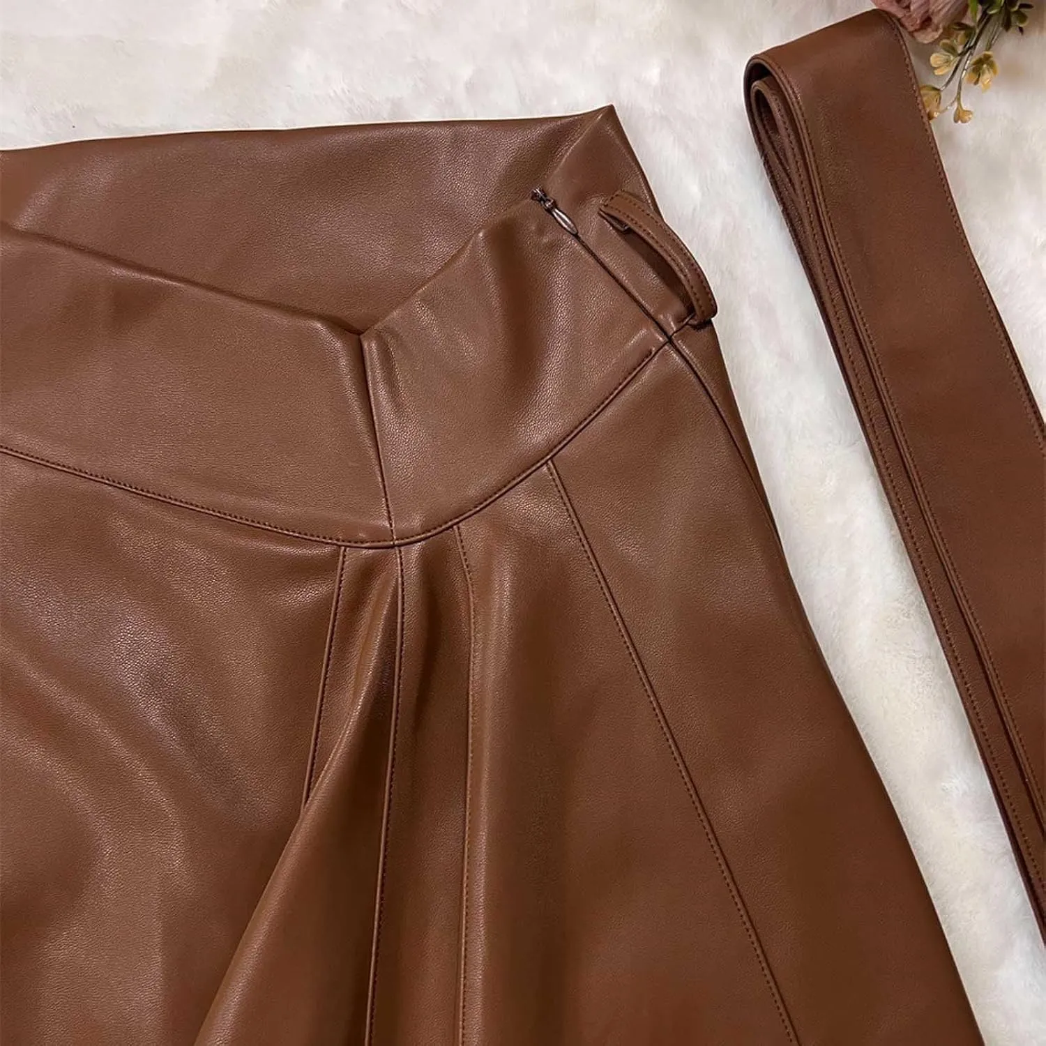 Midi Skirts for Women Trendy Lace Up Irregular Pu Leather Skirt Sexy Casual Mid Calf A-line Pleated Skirts