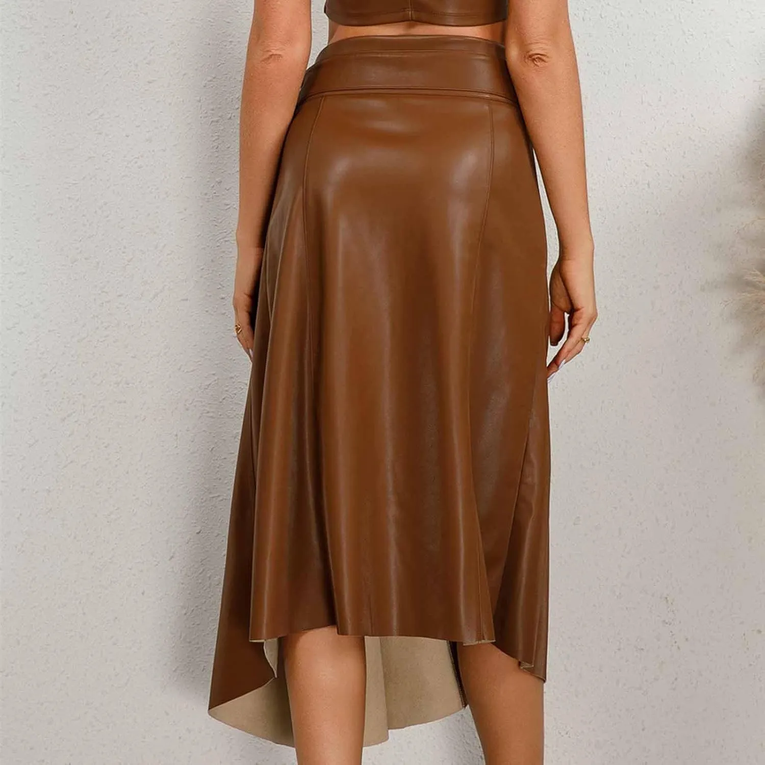 Midi Skirts for Women Trendy Lace Up Irregular Pu Leather Skirt Sexy Casual Mid Calf A-line Pleated Skirts