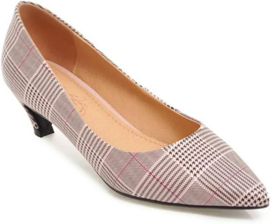 MIOKE Women's Fashion Plaid Comfort Low Kitten Heels Pumps Pointed Toe Slip On Office Party Dress Shoes