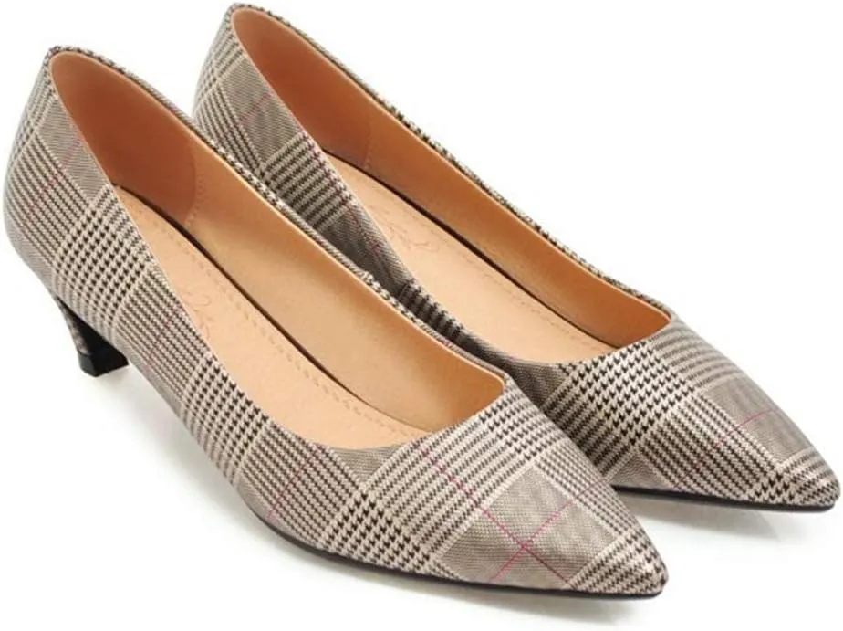 MIOKE Women's Fashion Plaid Comfort Low Kitten Heels Pumps Pointed Toe Slip On Office Party Dress Shoes