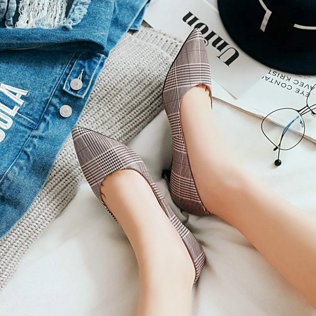 MIOKE Women's Fashion Plaid Comfort Low Kitten Heels Pumps Pointed Toe Slip On Office Party Dress Shoes