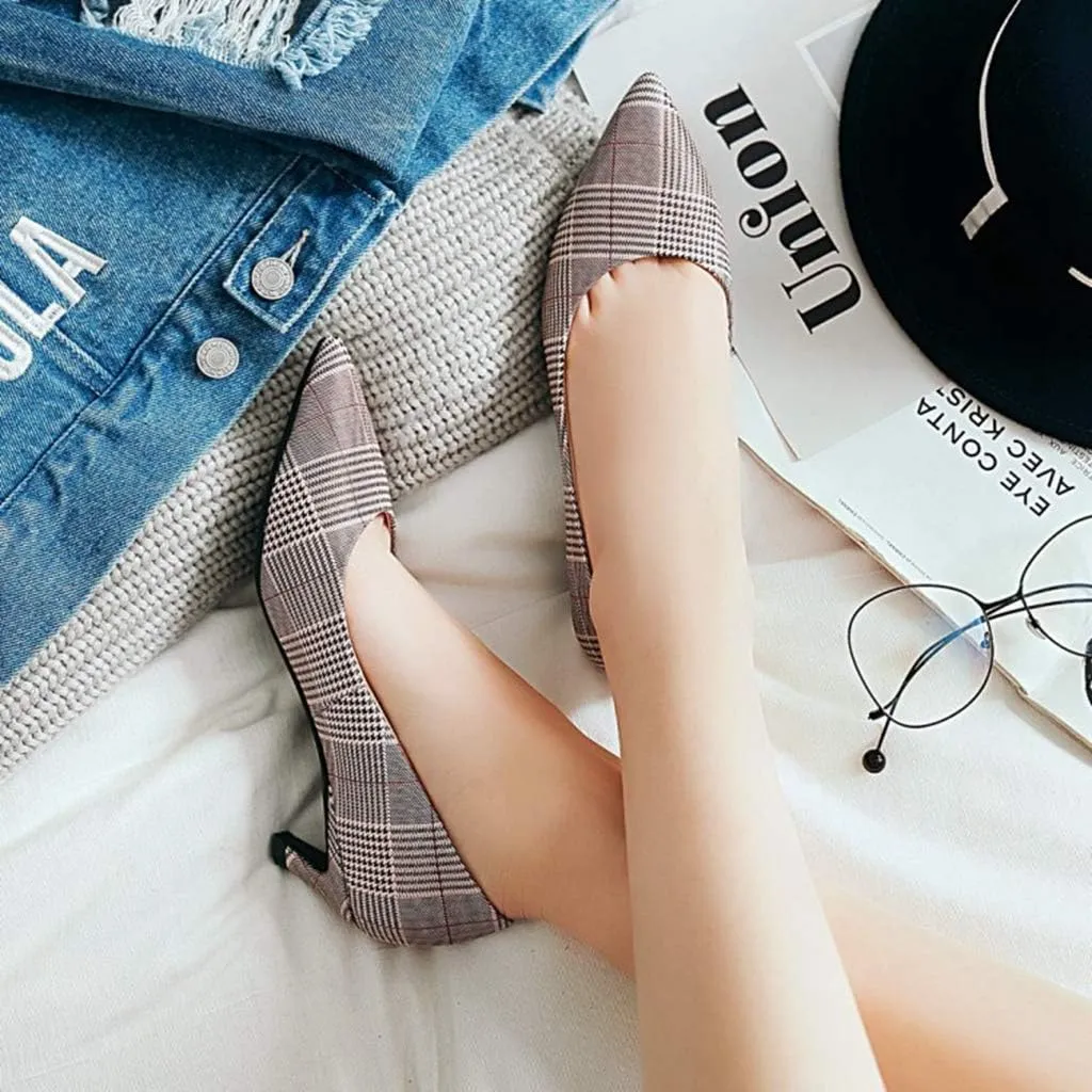 MIOKE Women's Fashion Plaid Comfort Low Kitten Heels Pumps Pointed Toe Slip On Office Party Dress Shoes